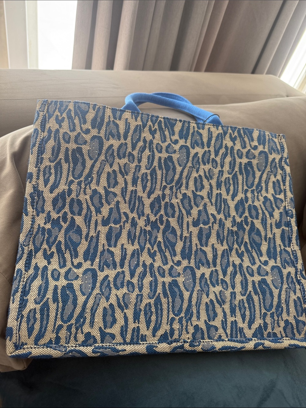 Blue Leopard-Print Canvas Tote Bag with Blue Handles